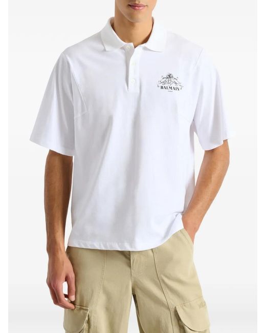 Balmain White Printed Vine Polo for men