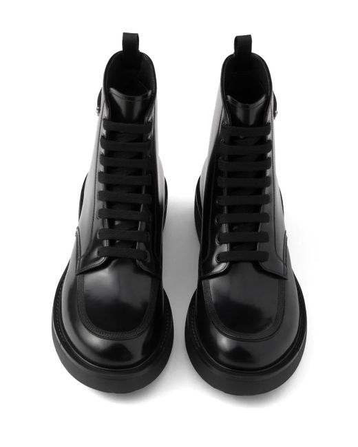 Prada Black Leather Logo-Plate Lace-Up Boots for men