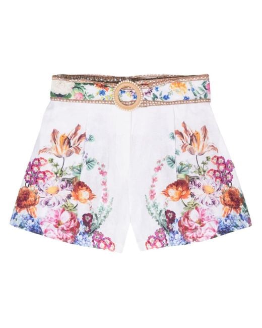 Camilla White Plumes And Parterres Linen Shorts