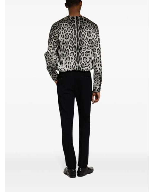 Dolce & Gabbana Gray Leopard-Print Silk Satin Pussy-Bow Shirt for men