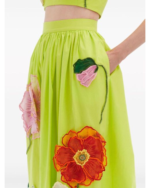 Oscar de la Renta Green Floral-appliqué Cotton Midi Skirt