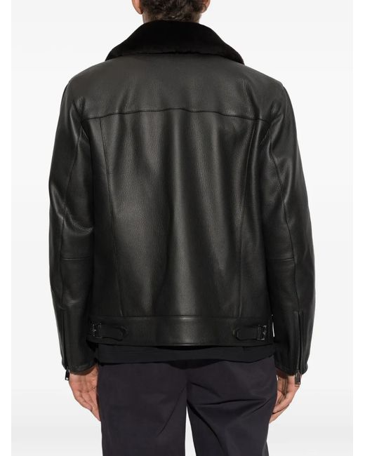 Brioni Black Faux-Fur Collar Leather Jacket for men