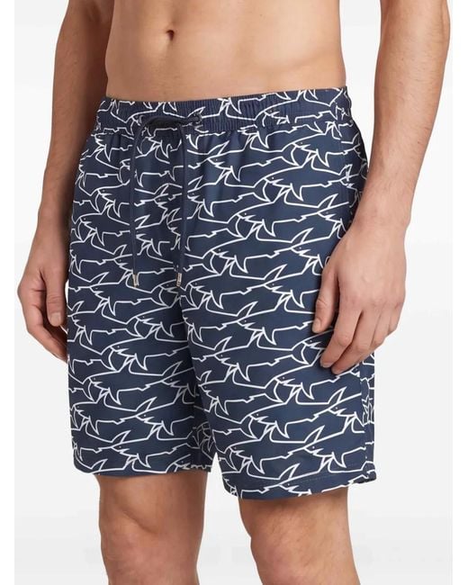 Paul & Shark Blue Shark-Print Swim Shorts for men