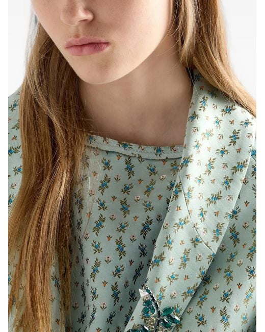Prada Green Floral-Print Duchess Dress