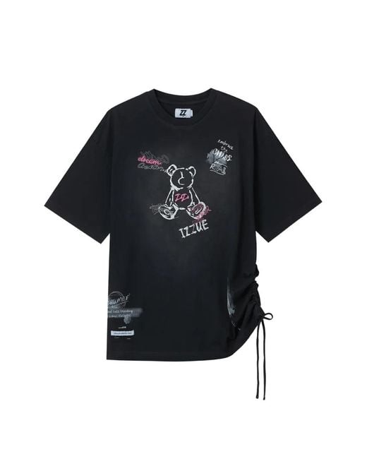 Izzue Black Drawstring Graphic-Print T-Shirt