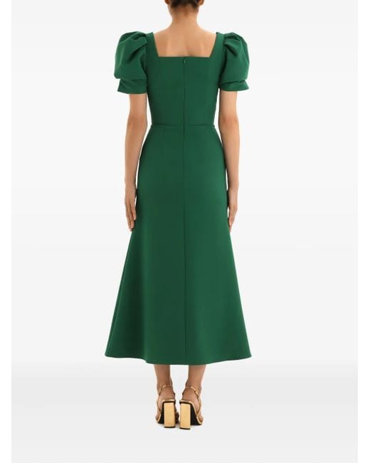 POST MERIDIEM Green Puff-Sleeve Square-Neck Midi Dress