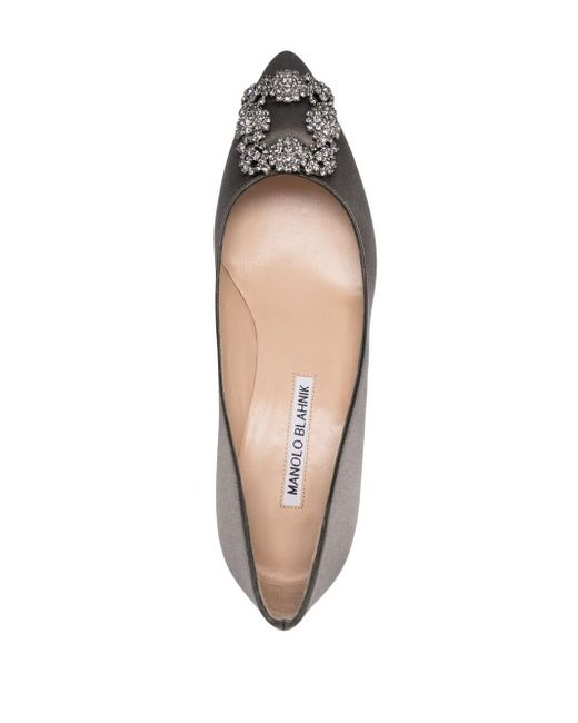 Manolo Blahnik Gray Hangisi Crystal-Buckle Leather Pumps