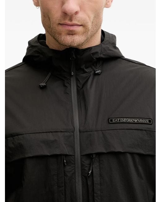 EA7 Black Logo-Patch Hooded Windbreaker for men
