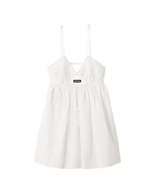 Miu Miu White Mini-Robe En Popeline Et Dentelle À Œillets
