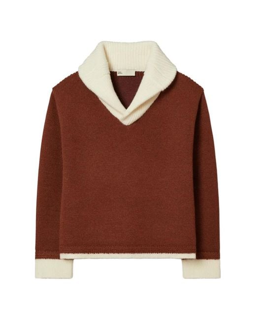 Tory Burch Brown Contrast Collar Wool Sweater