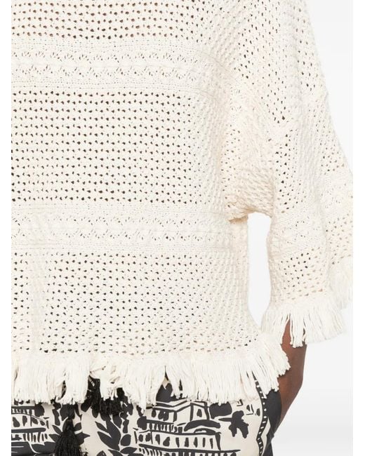 Weekend by Maxmara White Palato Fringe-Trimmed Crochet-Knit Sweater