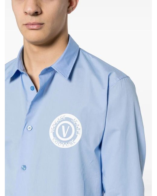 Versace Jeans Couture Blue Logo-Print Cotton Shirt for men