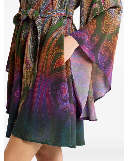Etro Green Paisley-Pattern Belted Mini Dress