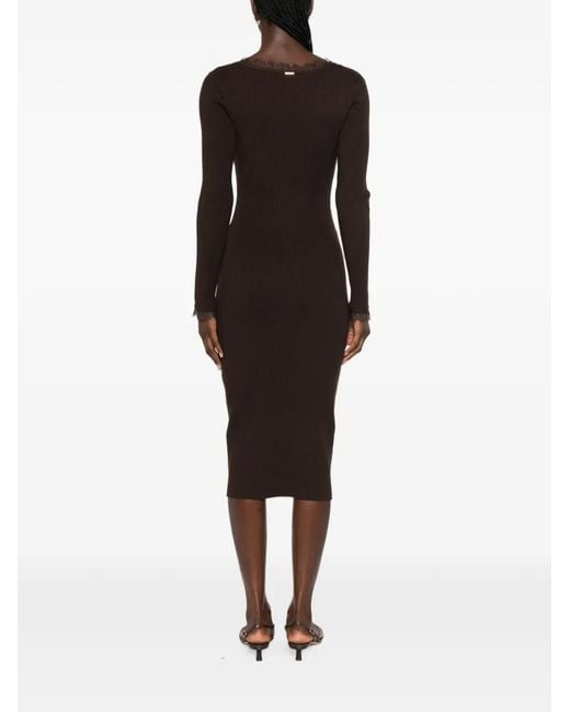 Twinset Brown Lace-Trim Ribbed-Knit Midi Dress