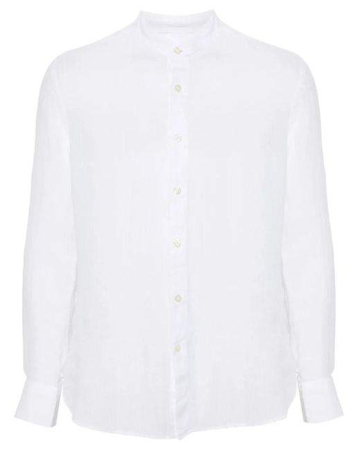 120% Lino White Band-Collar Linen Shirt for men