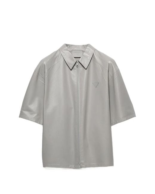 Prada Gray Chemise En Cuir Nappa À Manches Courtes for men