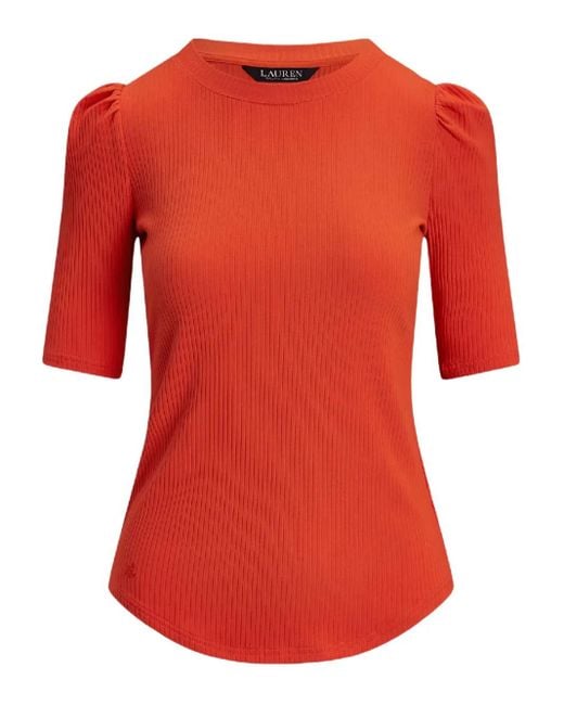 Ralph Lauren Red Geripptes Oberteil mit Puffärmeln