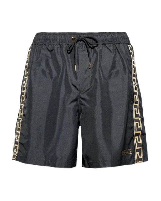Versace Gray Drawstring Logo-Print Swim Shorts for men
