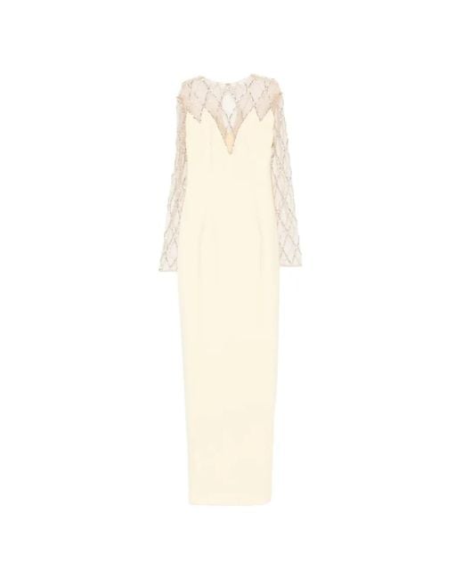 Jean Louis Sabaji White Crystal-Grid Embroidered Crepe Dress