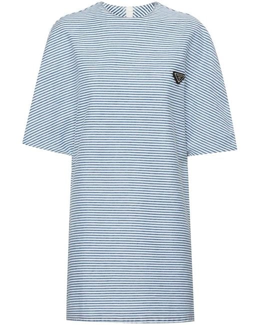 Prada Blue Striped Short-Sleeve Denim Dress