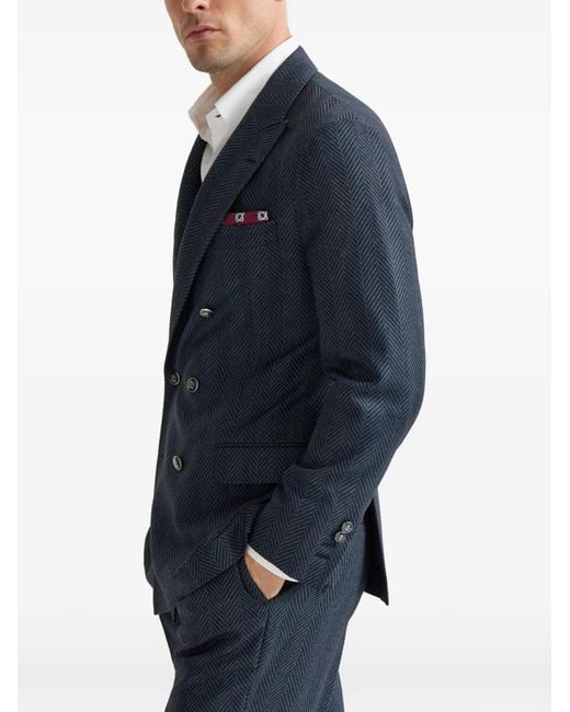 Brunello Cucinelli Blue Cashmere And Silk Chevron Flannel One-And-A-Half Breasted Deconstructed Blazer With Metal Buttons for men