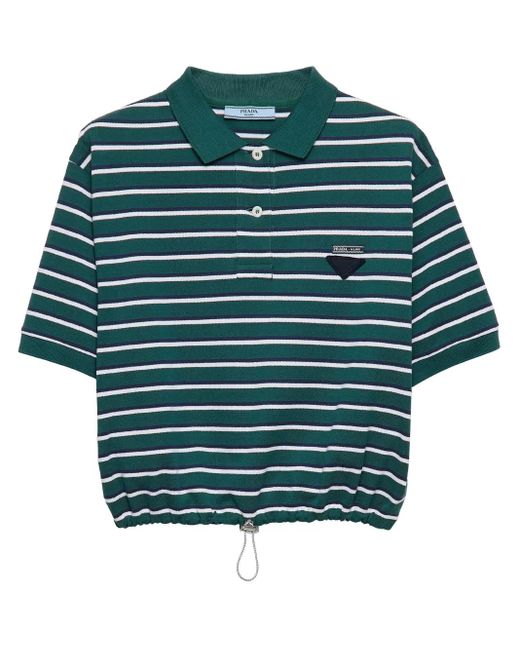 Prada Green Cotton Fabric Logo Striped Polo Shirt