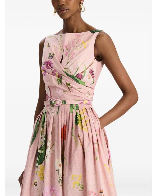 Oscar de la Renta Pink Mixed Botanical Cotton Poplin Draped Dress