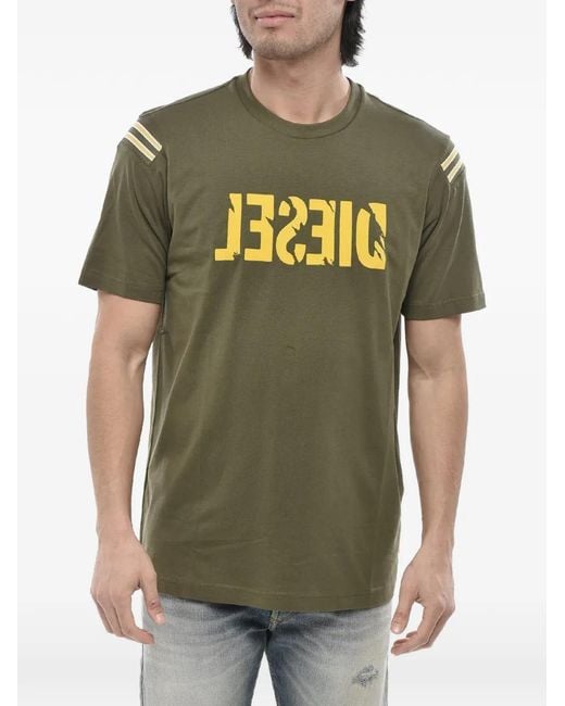 DIESEL Green T-Just-Rib Logo-Print Striped-Shoulder T-Shirt for men