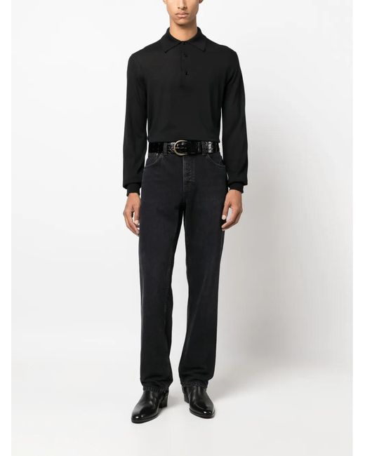 Tom Ford Black Long-Sleeve Knitted Polo Shirt for men