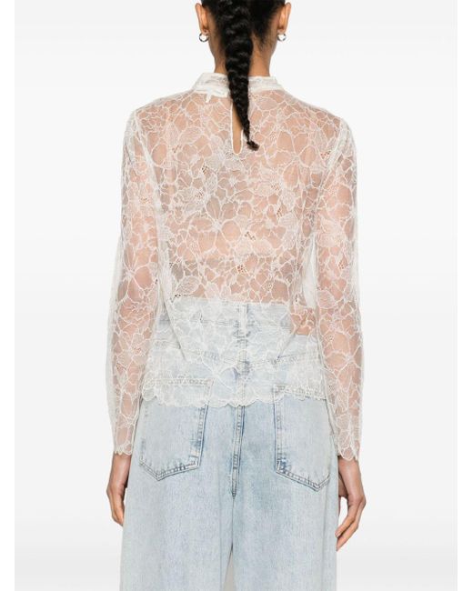 FRAME White Neutral Sheer Lace Blouse