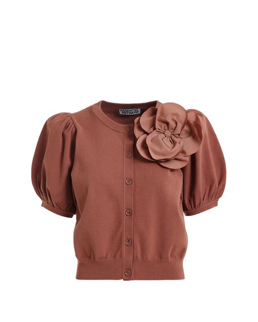 Essentiel Antwerp Brown Flower-Brooch Puff-Sleeve Cardigan