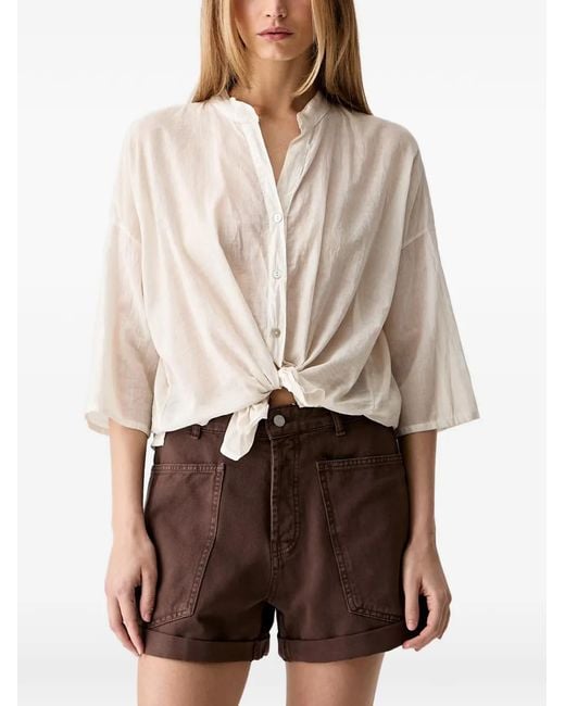Haveone Natural Front-Tie Band-Collar Shirt