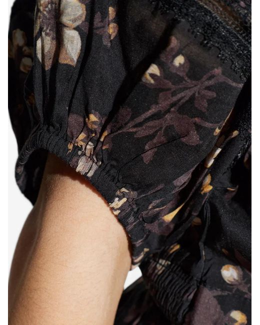 AllSaints Black Peony Floral-Print Lace-Trim Top