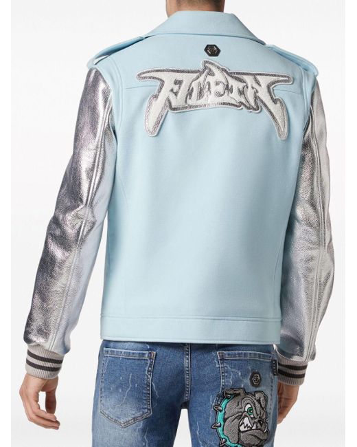 Philipp Plein Blue Logo-appliqué Wool Biker Jacket for men