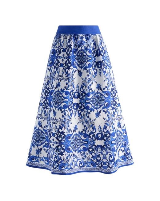 Alice + Olivia Blue Earla High-Waisted Flared Midi Skirt