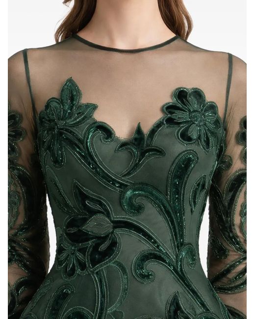 Gemy Maalouf Green Embroidered Velvet-Appliqué Dress