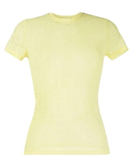 Philipp Plein Yellow Monogram-Pattern Tulle T-Shirt