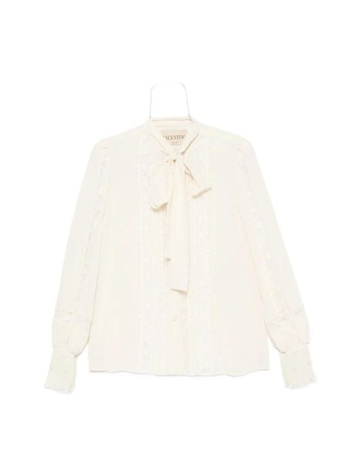 Valentino Garavani White Lace-Panelled Pussy-Bow Blouse