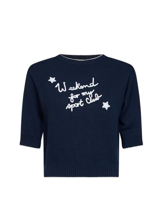 Weekend by Maxmara Blue Slogan-Embroidered Short-Sleeve Sweater