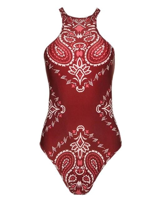 The Attico Red Bandana-Print Halterneck Swimsuit