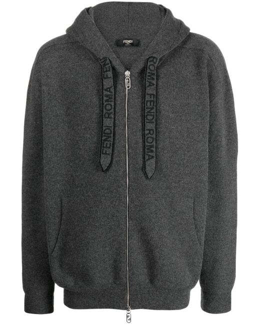 Fendi Gray Logo-embroidered Hooded Cashmere Cardigan for men