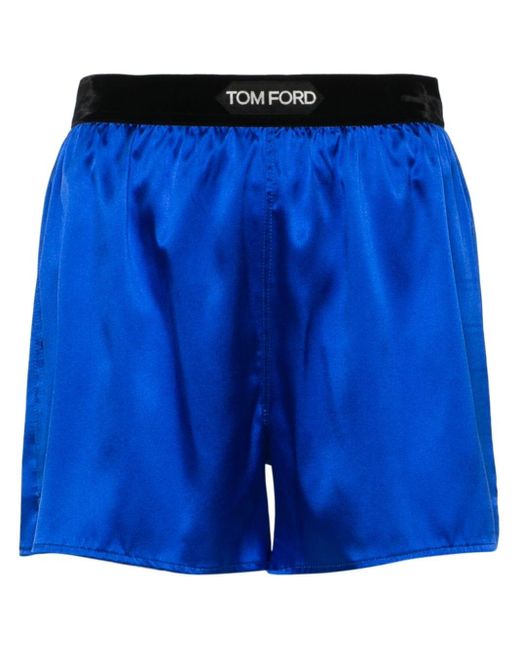 Tom Ford Logo-waistband Satin Shorts in het Blue