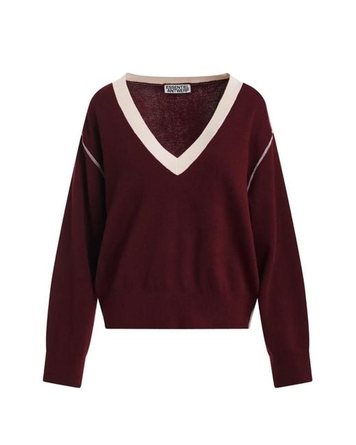 Essentiel Antwerp Red V-Neck Contrast-Trim T-Shirt