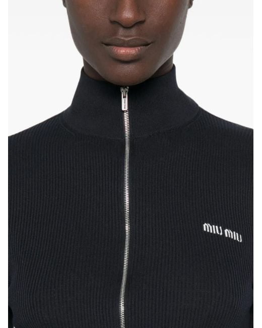 Miu Miu Black Ribbed Zip-Up Cardigan