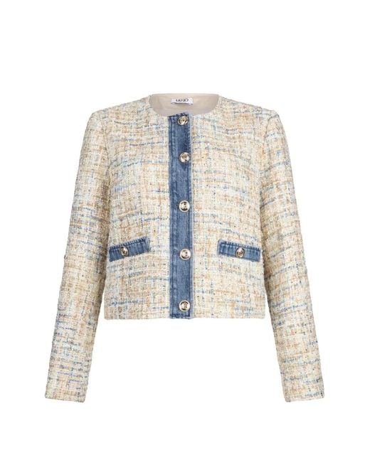 Liu Jo White Bouclé Denim-Trim Jacket