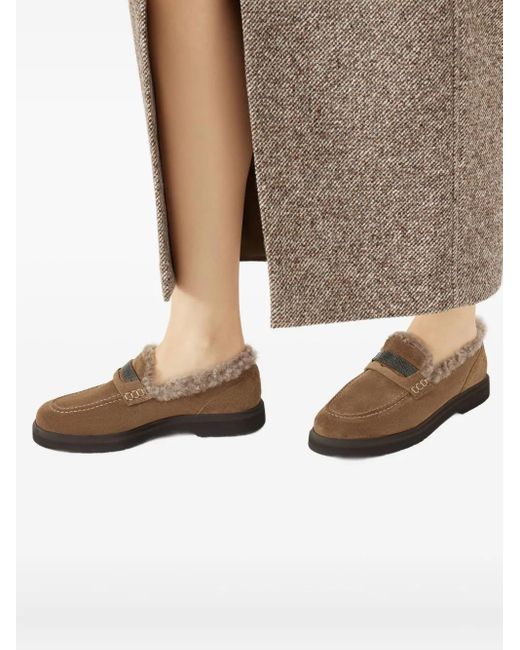 Brunello Cucinelli Brown Shearling-Trimmed Penny Loafers