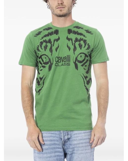 Roberto Cavalli Green Graphic-Print T-Shirt for men