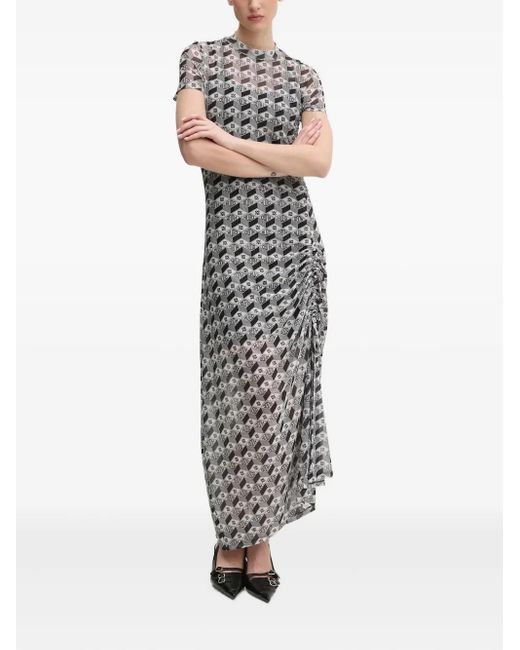 HUGO White Gerafftes Maxikleid Mit Logo-Print