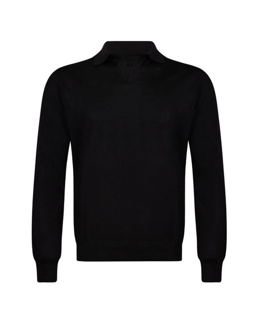Gran Sasso Black Fine-Knit Polo-Collar Sweater for men