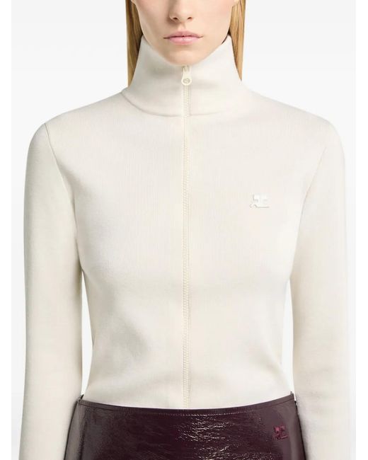 Courreges White Logo Embroidered Zipped Cardigan